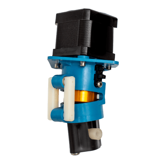 Mechanical pump component with a black motor on top, blue cylindrical body with golden coil, and white tubing connectors on the side