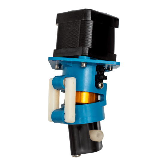 Mechanical pump component with a black motor on top, blue cylindrical body with golden coil, and white tubing connectors on the side