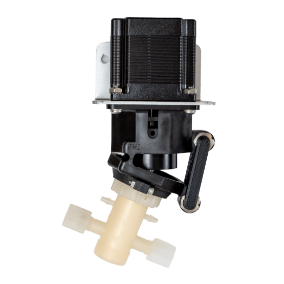 Mechanical pump assembly with a black rectangular top casing, black cylindrical center, beige tubular lower part, and white end caps
