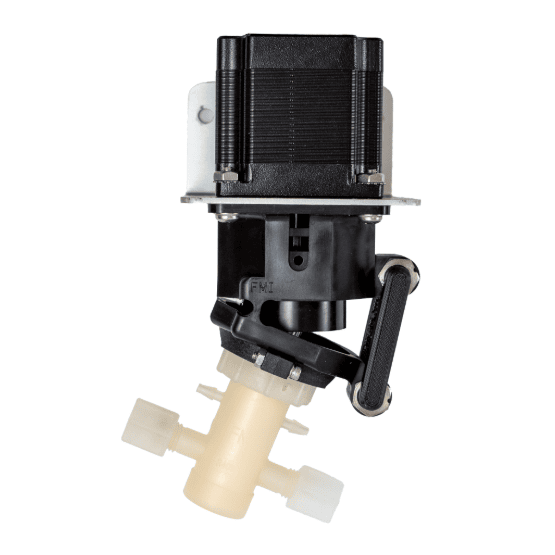 Mechanical pump assembly with a black rectangular top casing, black cylindrical center, beige tubular lower part, and white end caps