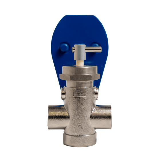 Metal pump head with a T-shaped design, metallic finish, and a blue base in the background