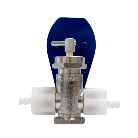 Metal pump head with white connectors on either side and a blue tear-drop-shaped mounting plate